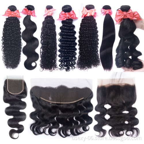 Wholesale Straight Raw Indian Hair Extensions 9A Grade 100 percent Human Hair Bundles With Lace Frontal Closure